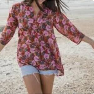 Natural Life Womens L Red Pink Floral Boho Fringe Collar Lightweight Tunic Top